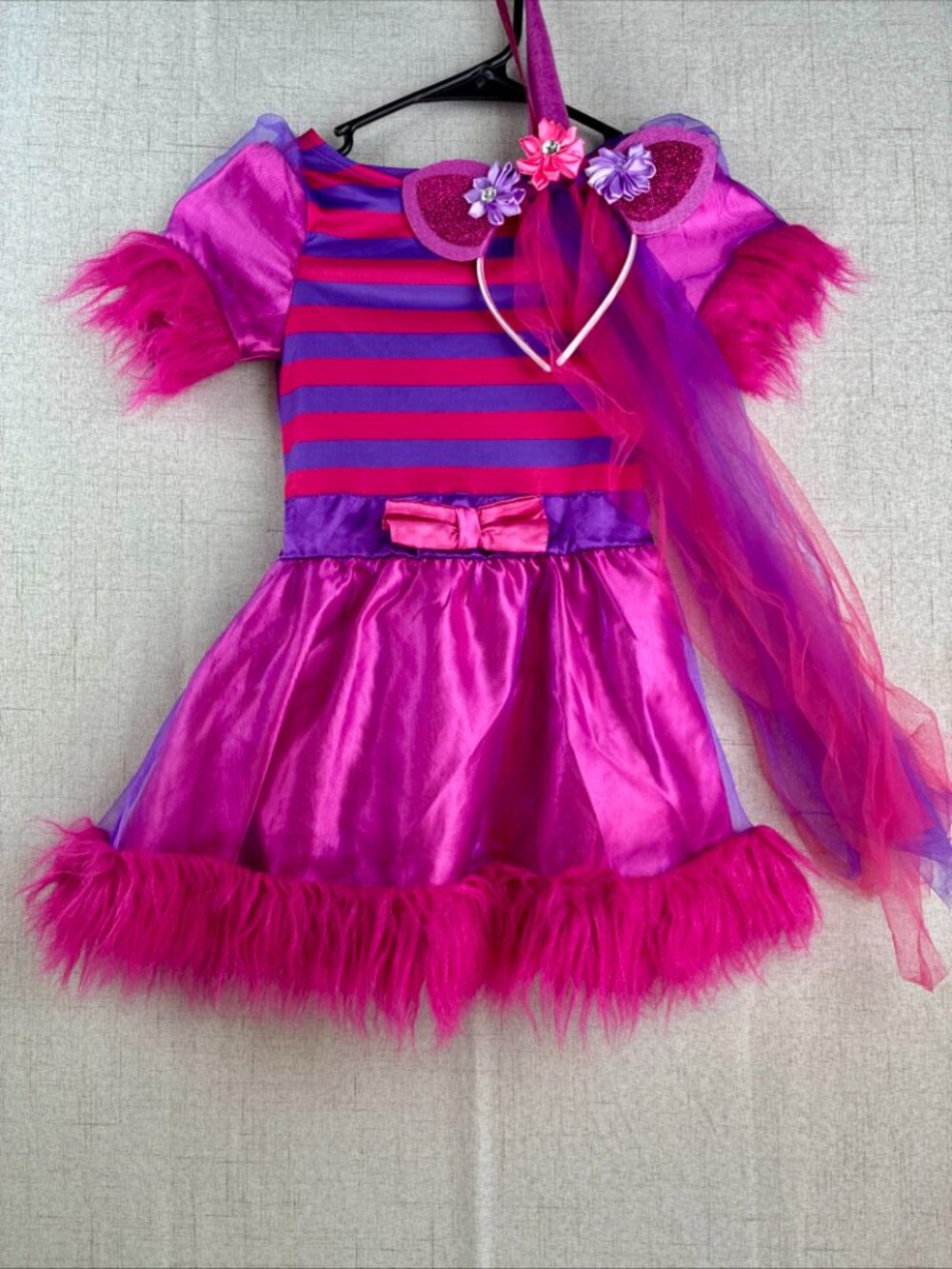 Girls Cheshire Unicorn Costume Pink Purple Stripes Fur Floral Headband Bow 2T 3T